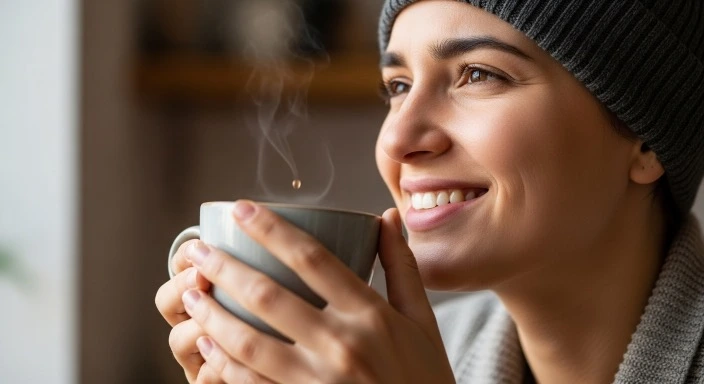 Woman holding coffee cup feeling mild tooth sensitivity.