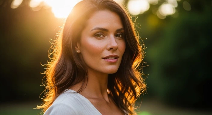 Woman with natural spray tan glow smiling outdoors in soft sunlight.