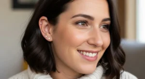 Woman with new ear piercings smiling confidently with small gold earrings.